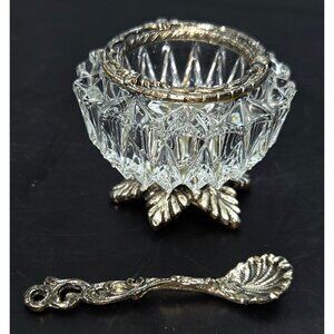 Antique DEP Silver-Plated Crystal Salt Cellar Dish With Ornate Spoon